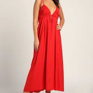 Lulus Confidence Check Red Satin Tie-back Maxi Dress - Size L